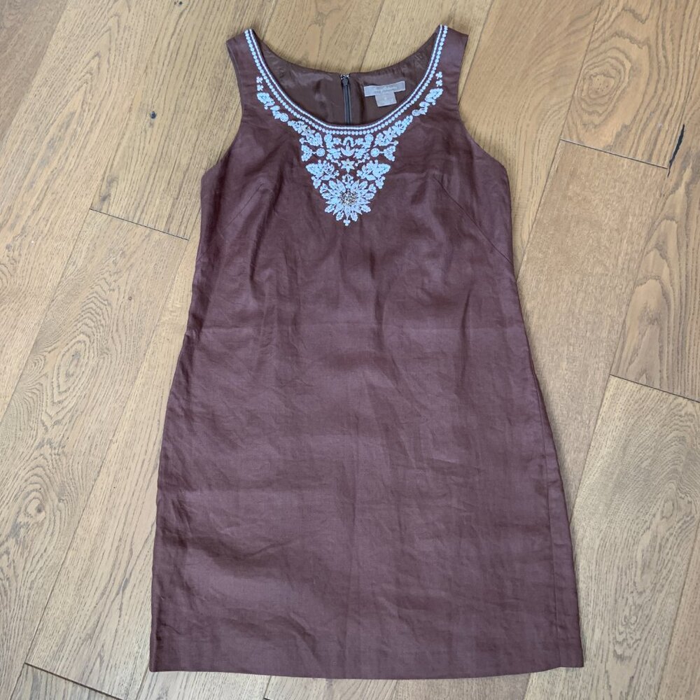 Tommy Bahama Linen Silk Sheath Embroidered Sleeveless Midi Dress Brown Size 8
